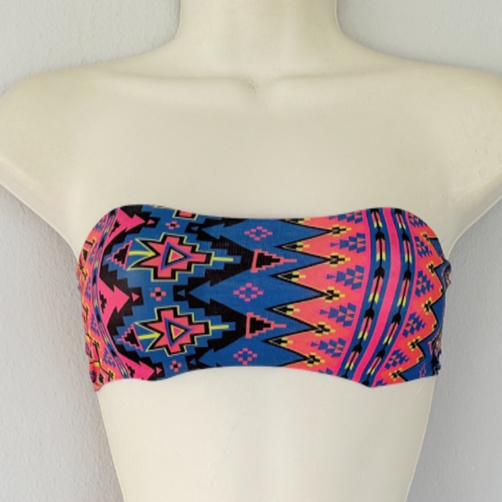 At The Beach America pink blue neon tribal print bandeau style swim top XS/S